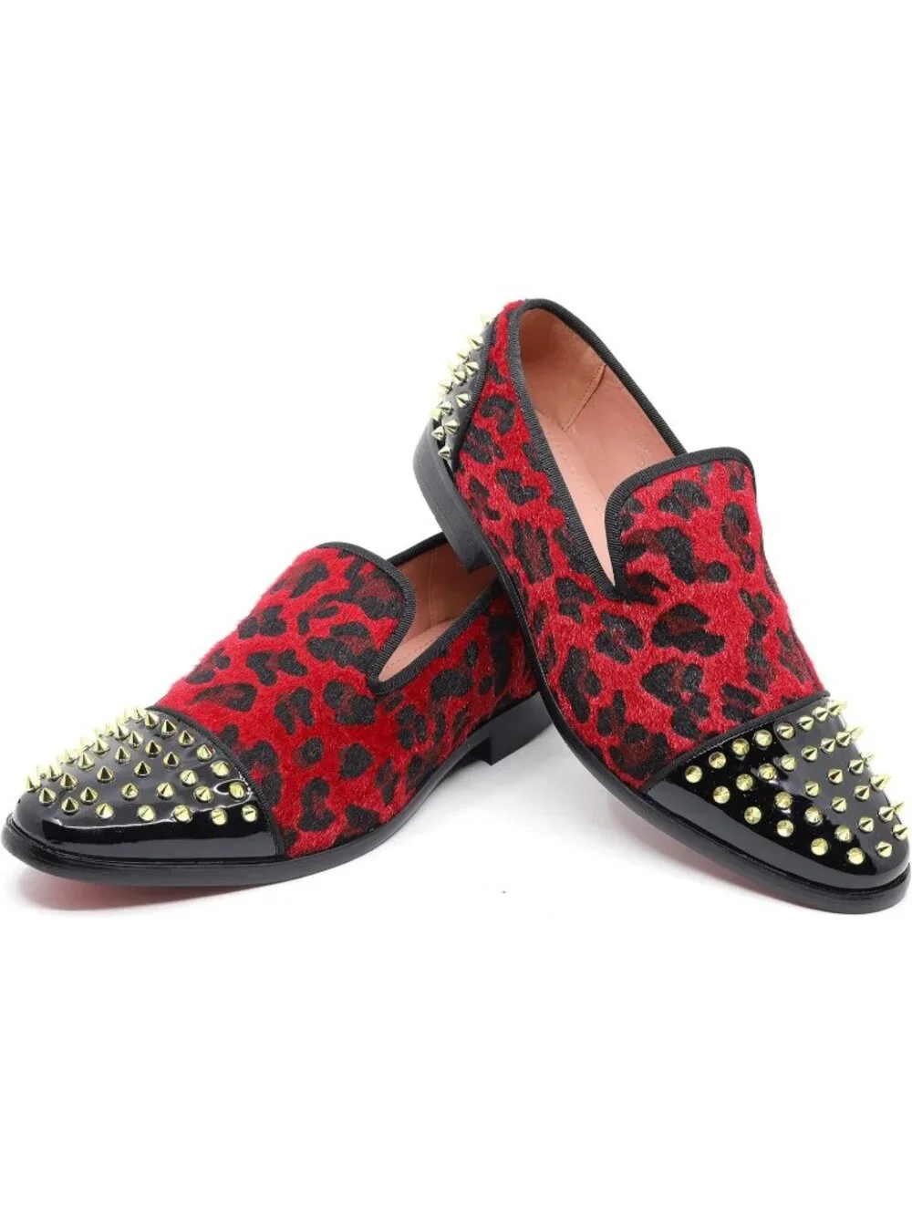 Metrocharm Men's Red Leopard Print Loafers Smoking Spikes Slip On Formal Shoes